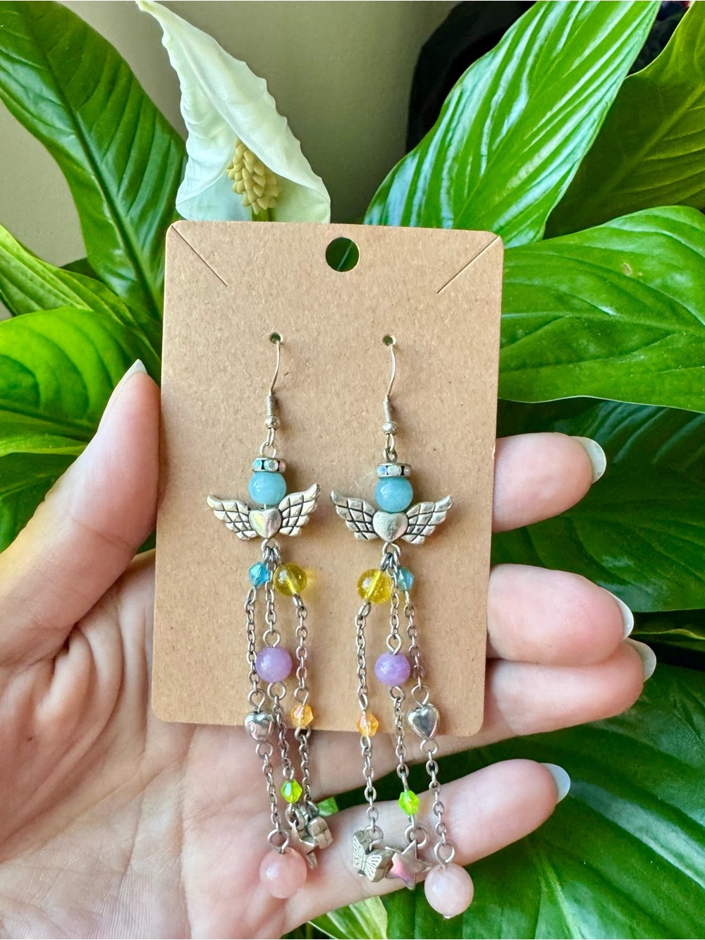 Handcrafted MULTI GEMSTONE Guardian Angel Dangle Earrings in Silver